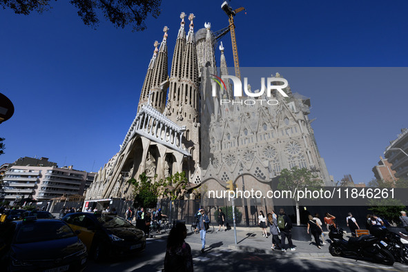 The structure, facade details, and towers form the complete building of the Sagrada Familia cathedral in Barcelona, Spain, on October 9, 202...