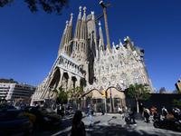 The structure, facade details, and towers form the complete building of the Sagrada Familia cathedral in Barcelona, Spain, on October 9, 202...