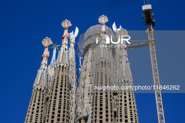 Details of one of the towers rise in the cathedral of the Sagrada Familia in Barcelona, Spain, on October 9, 2024. This monument, designed b...