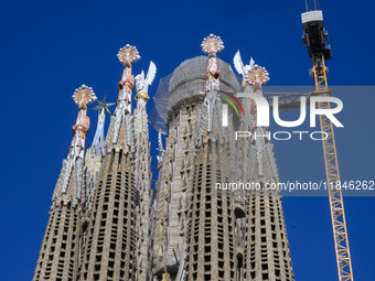 Details of one of the towers rise in the cathedral of the Sagrada Familia in Barcelona, Spain, on October 9, 2024. This monument, designed b...