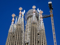 Details of one of the towers rise in the cathedral of the Sagrada Familia in Barcelona, Spain, on October 9, 2024. This monument, designed b...