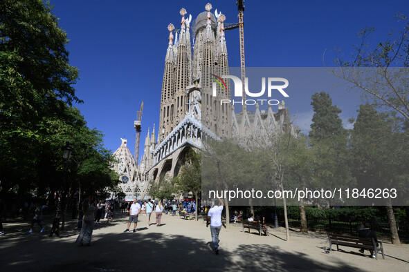 The structure, facade details, and towers form the complete building of the Sagrada Familia cathedral in Barcelona, Spain, on October 9, 202...