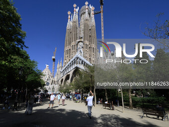 The structure, facade details, and towers form the complete building of the Sagrada Familia cathedral in Barcelona, Spain, on October 9, 202...