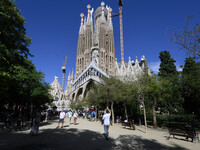 The structure, facade details, and towers form the complete building of the Sagrada Familia cathedral in Barcelona, Spain, on October 9, 202...