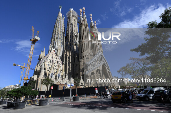 The structure, facade details, and towers form the complete building of the Sagrada Familia cathedral in Barcelona, Spain, on October 9, 202...