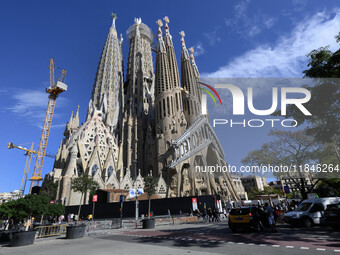 The structure, facade details, and towers form the complete building of the Sagrada Familia cathedral in Barcelona, Spain, on October 9, 202...