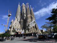 The structure, facade details, and towers form the complete building of the Sagrada Familia cathedral in Barcelona, Spain, on October 9, 202...