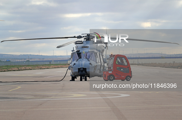 An NH Industries NH-90-TTH helicopter of the Spanish Air Force is parked in the Aeronautical and Logistics Polygon in Albacete, Spain, on No...