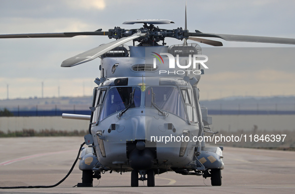 An NH Industries NH-90-TTH helicopter of the Spanish Air Force is parked in the Aeronautical and Logistics Polygon in Albacete, Spain, on No...