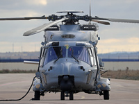 An NH Industries NH-90-TTH helicopter of the Spanish Air Force is parked in the Aeronautical and Logistics Polygon in Albacete, Spain, on No...