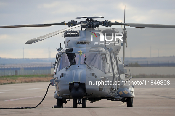 An NH Industries NH-90-TTH helicopter of the Spanish Air Force is parked in the Aeronautical and Logistics Polygon in Albacete, Spain, on No...