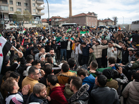 Syrian refugees living in the Onder district of Ankara, Turkey, celebrate the fall of Syrian President Bashar al-Assad after a rapid rebel o...