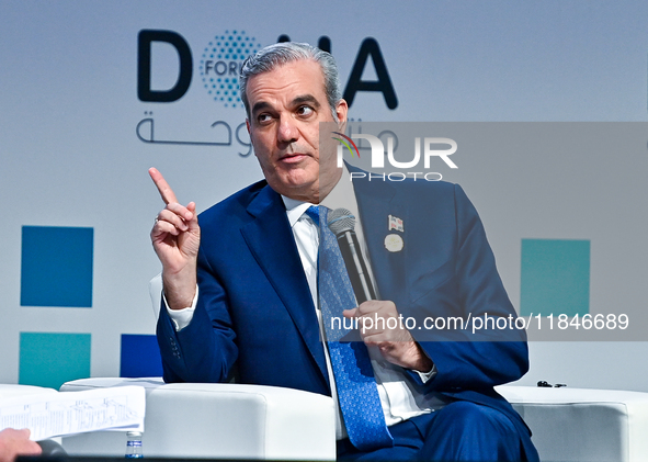 Luis Abinader, President of the Dominican Republic, participates in a panel discussion during the Doha Forum 2024 closing session at Sherato...