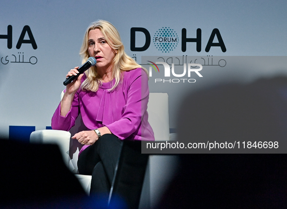 Zeljka Cvijanovic, Chairperson of the Presidency of Bosnia and Herzegovina, participates in a panel discussion during the Doha Forum 2024 cl...