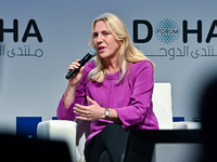 Zeljka Cvijanovic, Chairperson of the Presidency of Bosnia and Herzegovina, participates in a panel discussion during the Doha Forum 2024 cl...