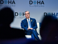 Luis Abinader, President of the Dominican Republic, participates in a panel discussion during the Doha Forum 2024 closing session at Sherato...