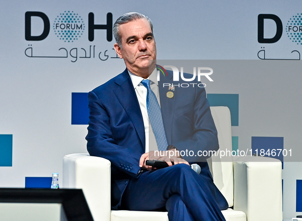 Luis Abinader, President of the Dominican Republic, participates in a panel discussion during the Doha Forum 2024 closing session at Sherato...