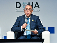 Mostafa Madbouly, Prime Minister of Egypt, participates in a panel discussion during the Doha Forum 2024 closing session at Sheraton Grand D...