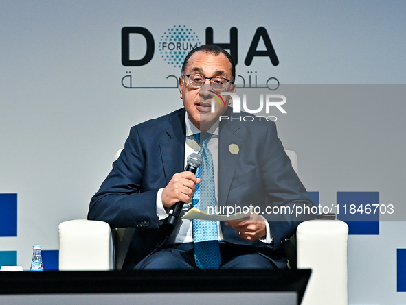 Mostafa Madbouly, Prime Minister of Egypt, participates in a panel discussion during the Doha Forum 2024 closing session at Sheraton Grand D...