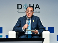 Mostafa Madbouly, Prime Minister of Egypt, participates in a panel discussion during the Doha Forum 2024 closing session at Sheraton Grand D...