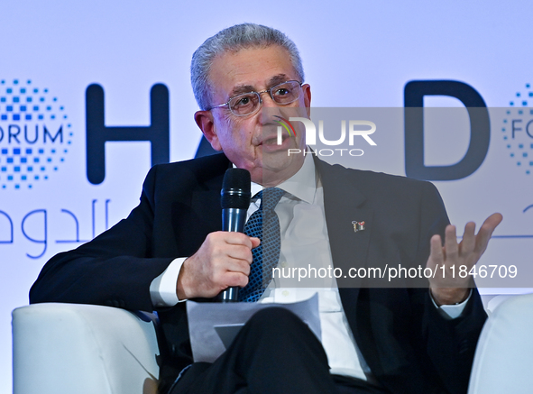 Mustafa Barghouti, Secretary General of the Palestinian National Initiative, speaks during the Doha Forum 2024 at Sheraton Grand Doha Resort...