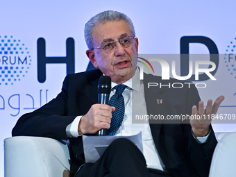 Mustafa Barghouti, Secretary General of the Palestinian National Initiative, speaks during the Doha Forum 2024 at Sheraton Grand Doha Resort...