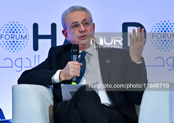 Mustafa Barghouti, Secretary General of the Palestinian National Initiative, speaks during the Doha Forum 2024 at Sheraton Grand Doha Resort...