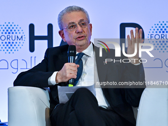 Mustafa Barghouti, Secretary General of the Palestinian National Initiative, speaks during the Doha Forum 2024 at Sheraton Grand Doha Resort...