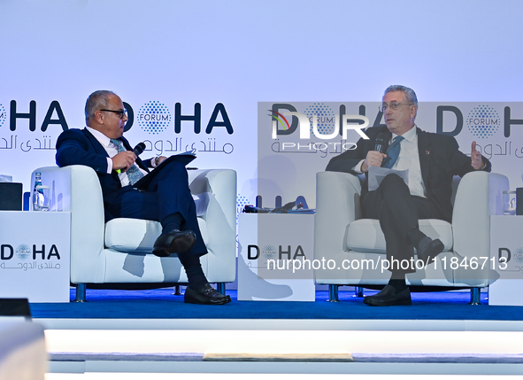 Mustafa Barghouti, Secretary General of the Palestinian National Initiative, speaks during the Doha Forum 2024 at Sheraton Grand Doha Resort...