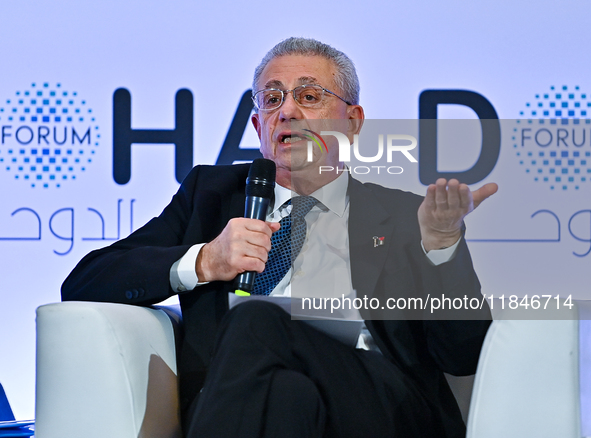 Mustafa Barghouti, Secretary General of the Palestinian National Initiative, speaks during the Doha Forum 2024 at Sheraton Grand Doha Resort...