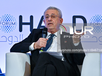 Mustafa Barghouti, Secretary General of the Palestinian National Initiative, speaks during the Doha Forum 2024 at Sheraton Grand Doha Resort...