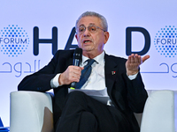 Mustafa Barghouti, Secretary General of the Palestinian National Initiative, speaks during the Doha Forum 2024 at Sheraton Grand Doha Resort...