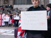 Dozens of people take part in a pro-EU demonstration for Georgia and support the crackdown in Georgia in Cologne, Germany, on December 8, 20...