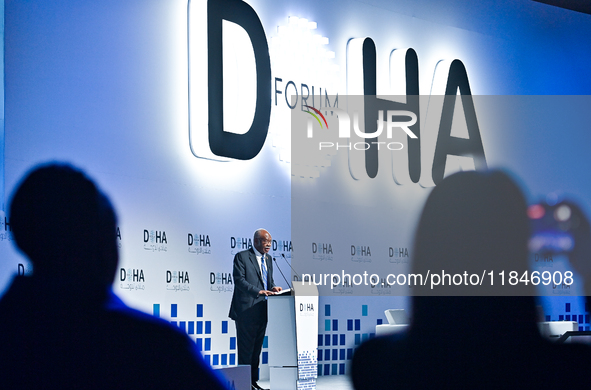 Philemon Yang, President of the 79th United Nations General Assembly, delivers a speech during the Doha Forum 2024 closing session at Sherat...