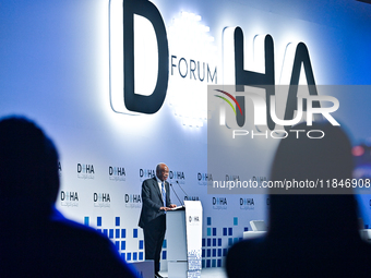 Philemon Yang, President of the 79th United Nations General Assembly, delivers a speech during the Doha Forum 2024 closing session at Sherat...