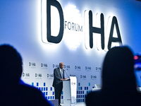 Philemon Yang, President of the 79th United Nations General Assembly, delivers a speech during the Doha Forum 2024 closing session at Sherat...