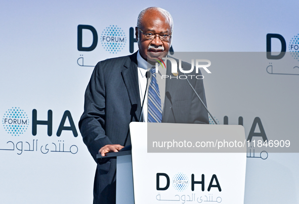 Philemon Yang, President of the 79th United Nations General Assembly, delivers a speech during the Doha Forum 2024 closing session at Sherat...