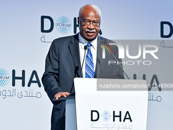 Philemon Yang, President of the 79th United Nations General Assembly, delivers a speech during the Doha Forum 2024 closing session at Sherat...