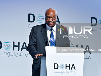 Philemon Yang, President of the 79th United Nations General Assembly, delivers a speech during the Doha Forum 2024 closing session at Sherat...