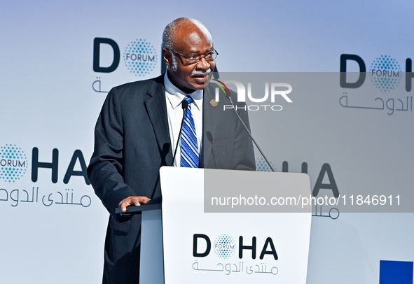 Philemon Yang, President of the 79th United Nations General Assembly, delivers a speech during the Doha Forum 2024 closing session at Sherat...