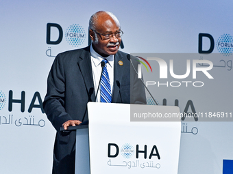 Philemon Yang, President of the 79th United Nations General Assembly, delivers a speech during the Doha Forum 2024 closing session at Sherat...