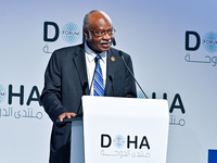 Philemon Yang, President of the 79th United Nations General Assembly, delivers a speech during the Doha Forum 2024 closing session at Sherat...