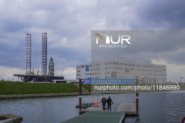 An oil rig in a shipyard is seen in Esbjerg, Denmark, on April 28, 2024 