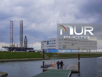 An oil rig in a shipyard is seen in Esbjerg, Denmark, on April 28, 2024 (