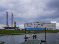 An oil rig in a shipyard is seen in Esbjerg, Denmark, on April 28, 2024 (