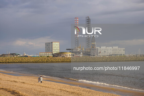 An oil rig in a shipyard is seen in Esbjerg, Denmark, on April 28, 2024 