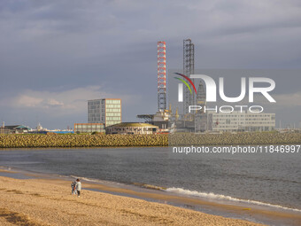 An oil rig in a shipyard is seen in Esbjerg, Denmark, on April 28, 2024 (