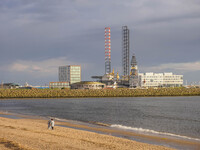 An oil rig in a shipyard is seen in Esbjerg, Denmark, on April 28, 2024 (