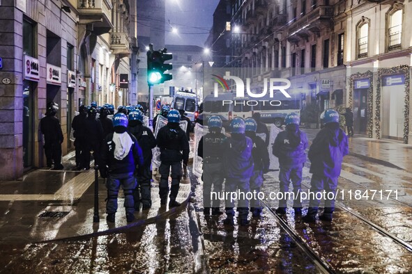 Demonstrators clash with police outside the Prima della Scala 2024 of Giuseppe Verdi's opera La Forza del Destino in Milan, Italy, on Decemb...