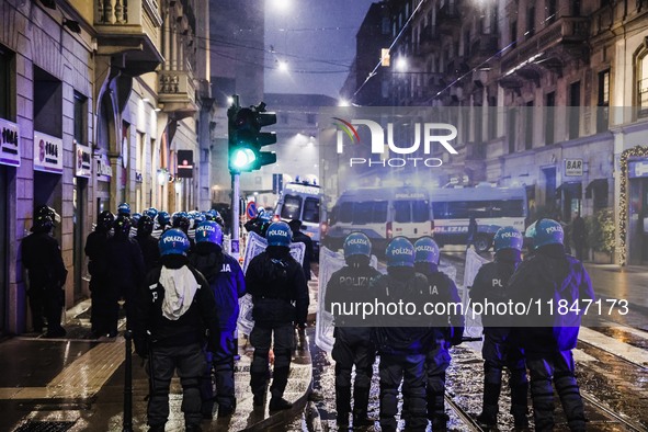 Demonstrators clash with police outside the Prima della Scala 2024 of Giuseppe Verdi's opera La Forza del Destino in Milan, Italy, on Decemb...